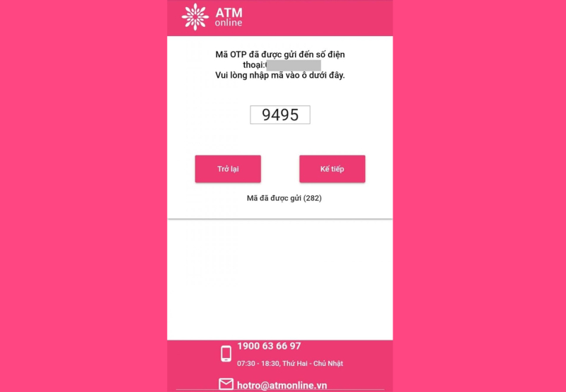 ATM Online 12 Nhập mã OTP gửi đến và nhấn “Kế tiếp”